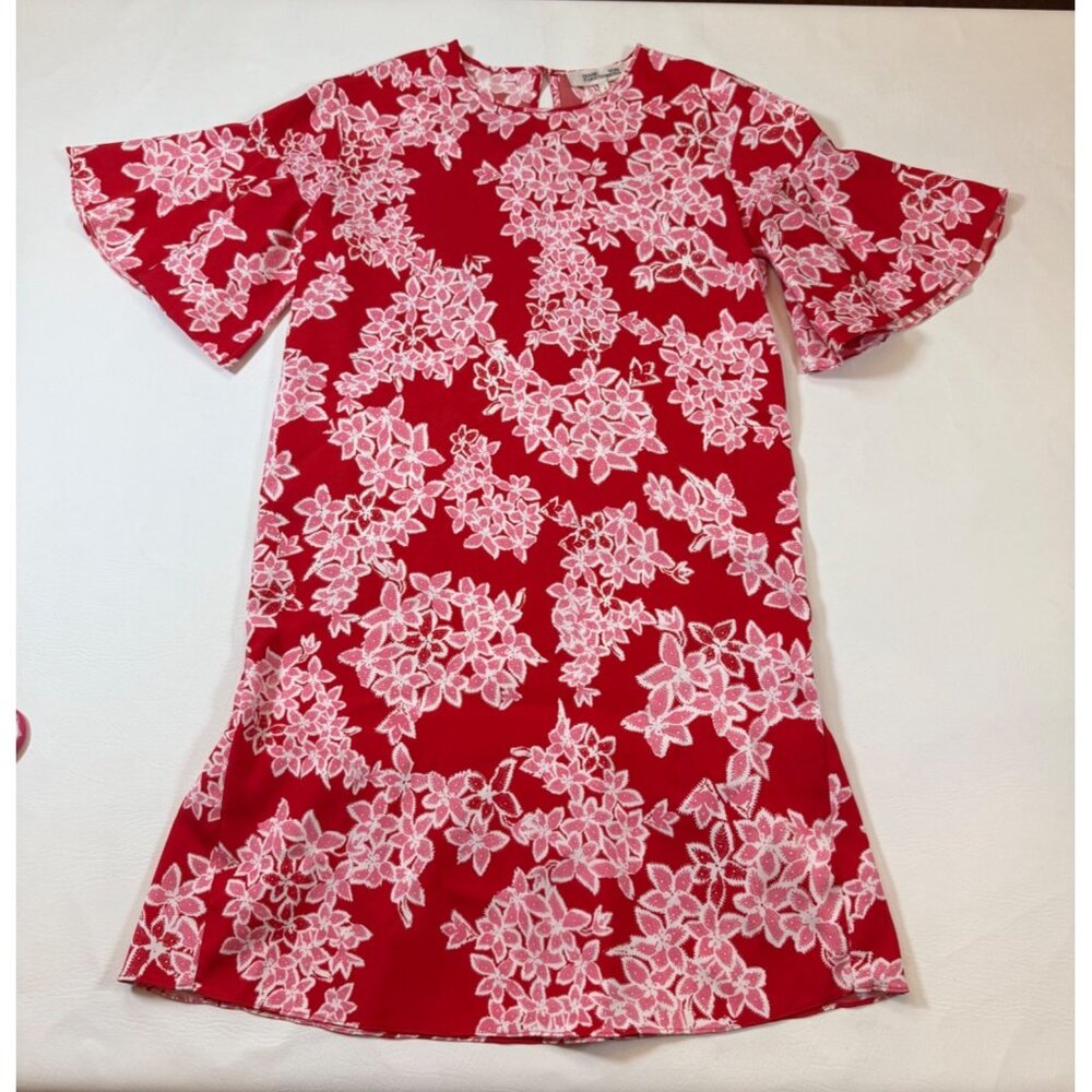 Diane Von Furstenberg Red Pink Floral Print Dress Small FLAW (bin ii89)